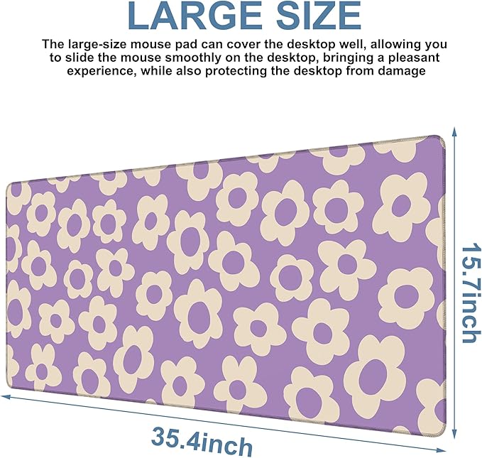 Vintage Groovy Flowers Gaming Mouse Pad 3mm Thick Stitched Edge Waterproof Non-Slip Large Computer Keyboard Mouse Mat,Suitable for Office Entertainment Decorative Desk Pad 35.4 x 15.7 Inches
