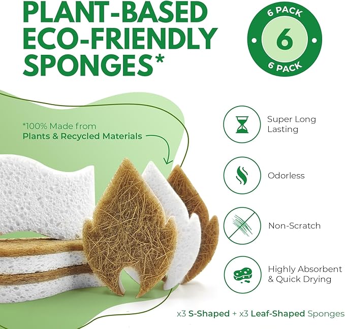 AIRNEX Natural Kitchen Sponges (6 Pack) - Biodegradable Cellulose & Coconut Scrubber Dish Sponge for Kitchen - Eco-Friendly, Non Scratch, Compostable, Non Toxic Leaf Shaped Natural Sponges for Dishes