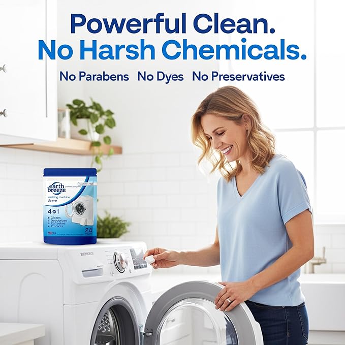 Earth Breeze Washing Machine Cleaner Tablets – Deep Cleans, Deodorizes & Removes Odors, Residue & Buildup – For Front Load, Top Load & HE Washers – Fragrance-Free - No Harsh Chemicals - Made in USA