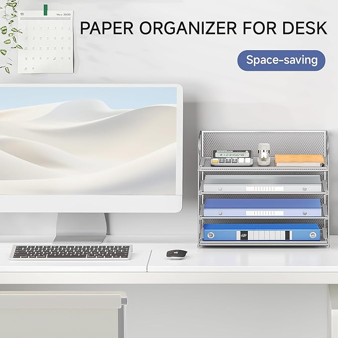 Lavatino 4-Tier Paper Organizer Trays - Silver Mesh File Folder Sorter with Handles, Desk Letter Holder Organizer for Office, Home, School Supplies Storage & Organization