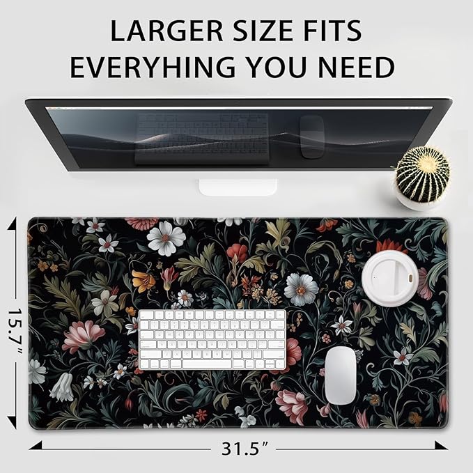 Dark Floral Pattern Large Gaming Mouse Pad 31.5"x15.7"｜XXL Desk Mat, Non-Slip Rubber Base & Stitched Edges - Extended Waterproof Mousepad for PC/Laptop/Office/Home Decor