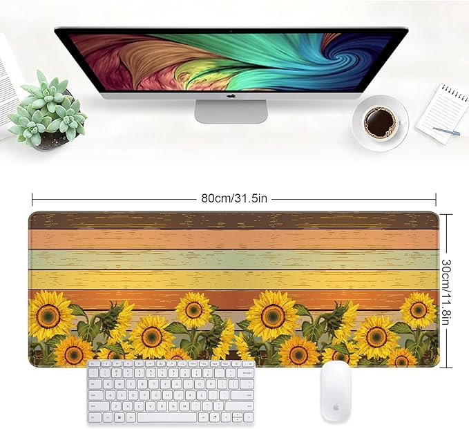 Large Desk Mat, Desk Matt for Desktop, Computer Gaming Mouse Pads, Anti-Slip Rubber Base, Stitched Edges Soft Mat for Desktop Office Home 31.5 x 11.8 Inches (Vintage Sunflower)