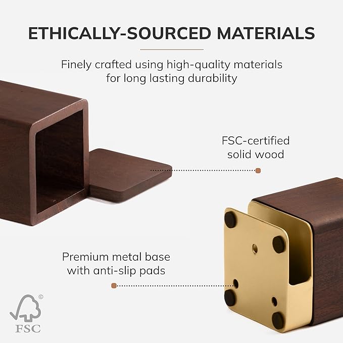 Anji Mountain Mango Wood Pen Holder with 2 Coasters, Stained Wood & Powder Coated Metal Pen Holder, Sustainable Room Decor Desk Organizer, Stylish Designer Pencil Case for Office Supplies