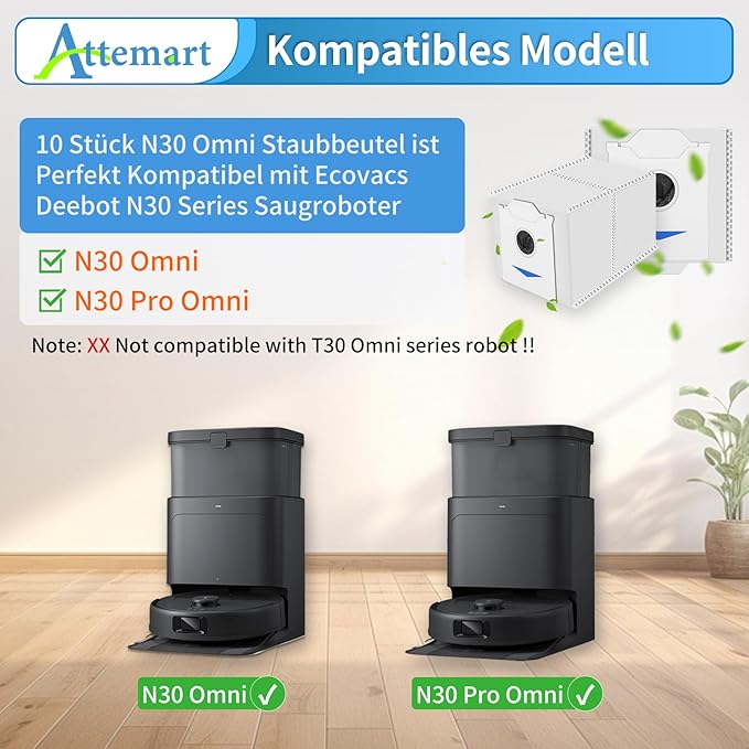 Attemart Dust Bag (10 Pcs) Replacement for Ecovacs Deebot N30 Pro Omni Robot Vacuum, 3L Large Capacity Vacuum Bags Compatible with Ecovacs Deebot N30 Omni Accessories