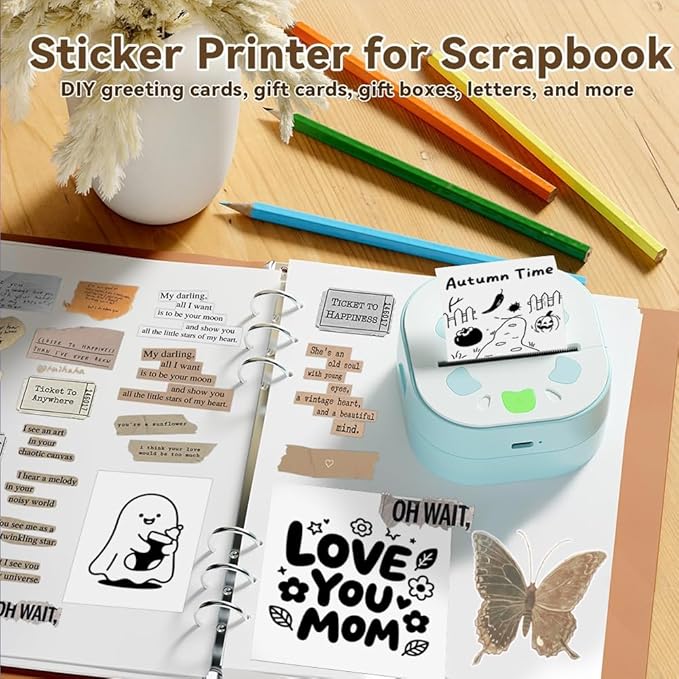 Portable Thermal Printer with 3 Rolls Stickers Paper, Mini Sticker Printer, Bluetooth Inkless Pocket Printers, Sticker Maker Print Pod for Notes, Journal, DIY, Kids Gift