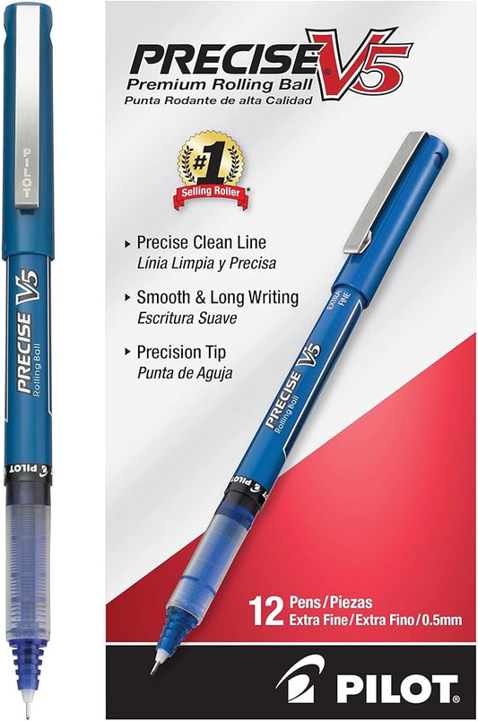 Pilot Precise V5 Rollerball Pens, Extra Fine Point 0.5 mm Blue Pens, Blue, Pack of 12 - Ideal for School, Journaling & Office Writing