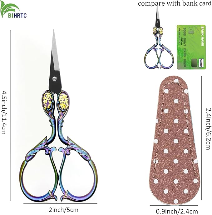 BIHRTC Small Embroidery Scissors 4.5 Inch with Artificial Leather Cover Stainless Steel Shears Mini Rainbow Flower Scissors for Handicraft DIY Tool Crafting Cross Stitch Handcraft
