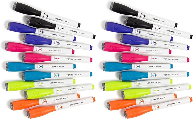 U Brands Fine Tip Dry Erase Markers with Eraser, Magnetic Whiteboard Markers, Low Odor, Assorted Bright Colors, Set of 12 (Pack of 2)