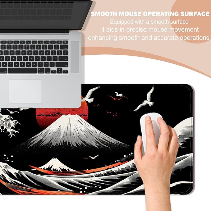 Japan Great Wave Kanagawa and Mount Fuji Gaming Mouse Pad, Extended Large Desk Mat, Computer Keyboard Laptop Mousepad for Work, Office and Home, XL, Black