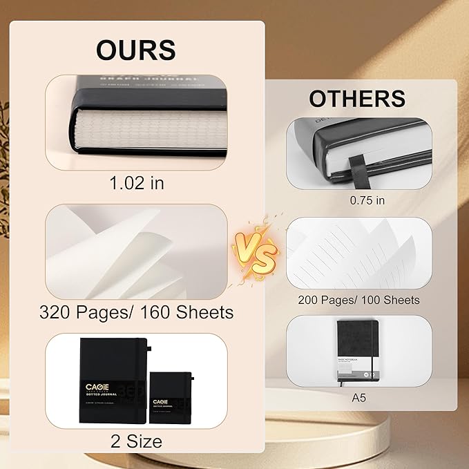 CAGIE Bullet Dotted Journal Notebook 320 Pages 100 GSM Paper Hardcover A5 Dot Grid Notebook Leather Journals for Writing Women Men Work Journaling, Black