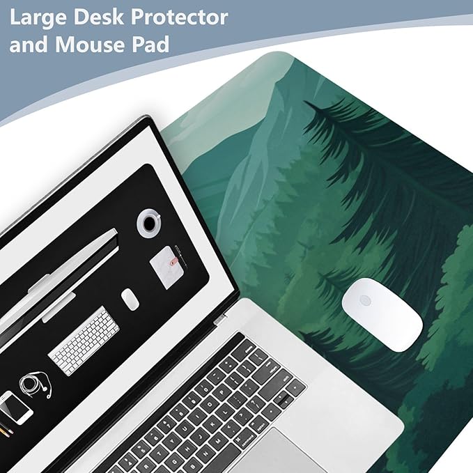 Mouse Pad Desk Mat Leather Desk Pad Large Gaming Desk Cover Protector Mat for Keyboard Computer Laptop Office Waterproof 35.4 x 16.5 Inch Green Forest Trees