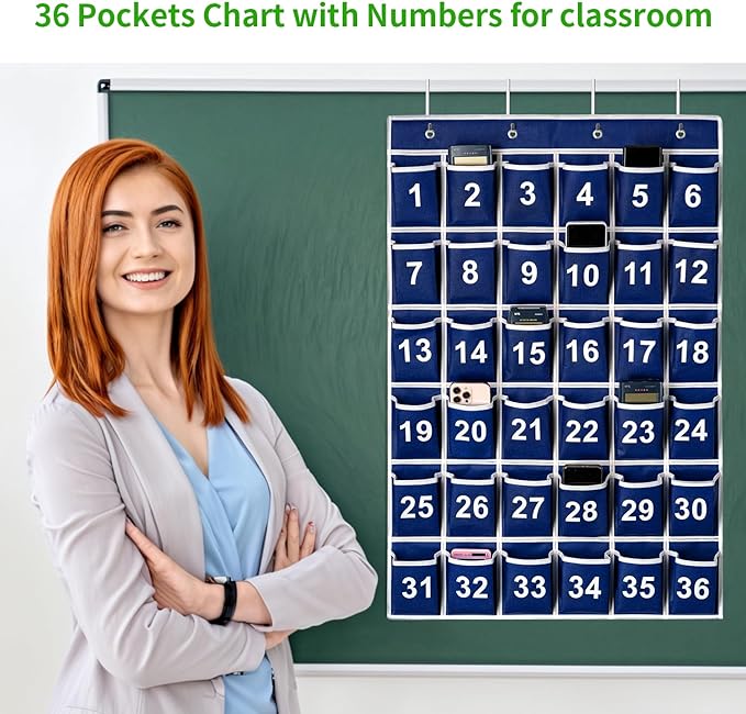 36 Pockets Blue Numbered Classroom Pocket Chart for Cell Phones, Hanging Pocket Chart Storage for Classroom Phone Calculator Holder with 4 Stainless Steel Hooks (Blue-36pockets)