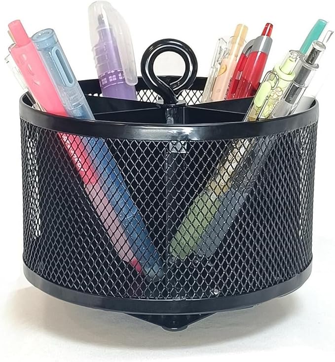 SETTFRFE Metal Mesh Desk Organizer,360°Rotating Pen Holder, Black Pencil Container with 6 Compartments, Office Supplies Organizer for Students, Home, Workspace