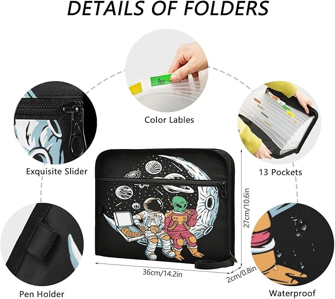 Gredecor 13 Pockets File Folder Organizer A4/Letter Water Resistant Astronauts and Aliens Moon Document Bag with Zipper Filing Folder Expanding File Pouch Storage for School Office