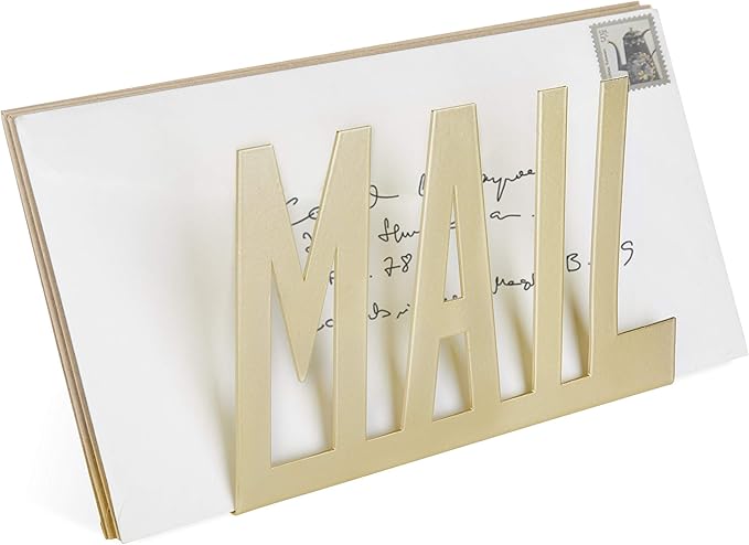 MyGift Modern Brass Metal Mail Holder Countertop Organizer with Cutout Mail Lettering Design, Office Desktop Envelope and Document Storage Rack
