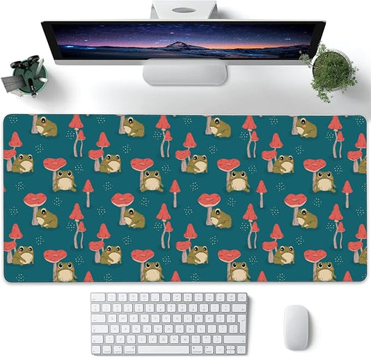 Desk Pad, Cute Green Frogs and Mushrooms Extended Large Gaming Mouse Pad XXL, Large Desk Mat for Desktop with Non-Slip Rubber Base Stitched Edges for Home Office 35.4"X15.7"