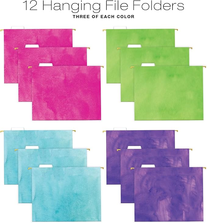 Global Printed Products Deluxe Designer Hanging File Folder Kit, Includes Metal Hanging Basket, 12 Hanging Folders, 24 File Folders, 1/3 Cut Tab, Assorted Positions, Letter Size (Watercolor Solid)