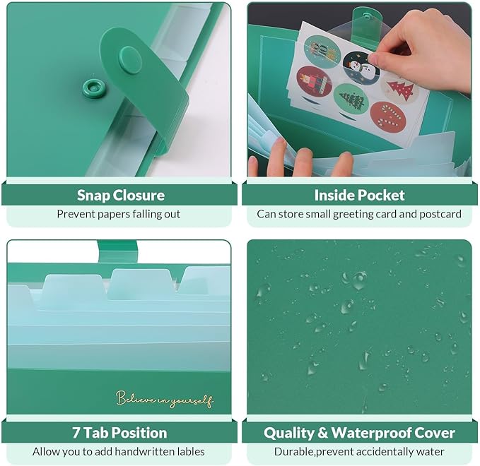 SKYDUE Expanding File Folder, Accordion File Organizer with 8 Pocket & Inner Card Pocket, Expandable Document Paper Receipt Holder for School Office Hospital, Letter/A4 Size Green