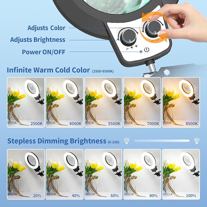 12X Magnifying Glass with Light Hands Free, 2025 New Upgrade Infinite Color and Brightness Magnifying Desk Lamp & Clamp, 2-in-1 LED Lighted Magnifier Stand for Craft Reading Hobby Close Work