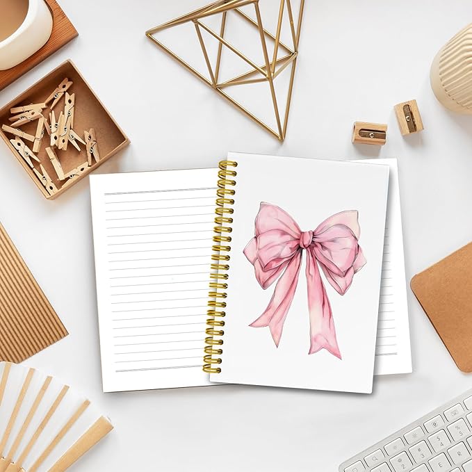 LiTiu Cute Pink Bow Preppy Notebook Journal, Cute Spiral Journaling Notebooks for School Teen Girls, Coquette Preppy Spiral Campus Notebook 80 Sheets 5.8x8.3