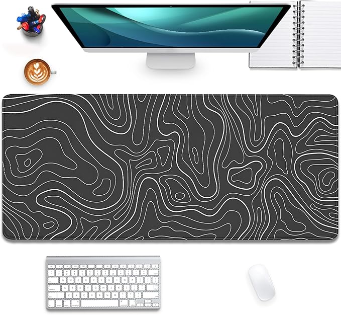Black Topographic Mouse Pad,Gaming Desk Pad with Stitched Edges Non-Slip Rubber Base Extended XL Mousepad Big Desk Mat for Office Home Work(27.5X11.8 Inch)