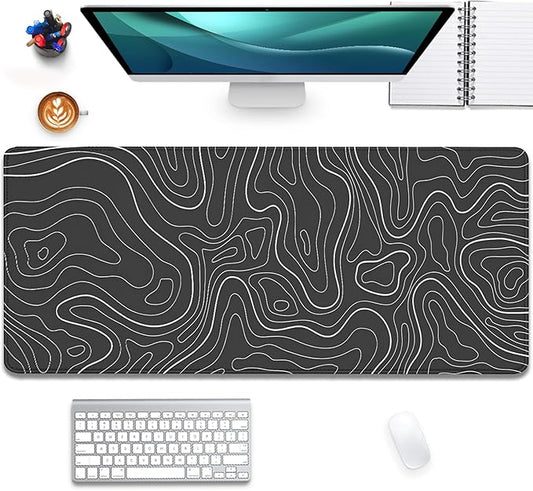 Black Topographic Mouse Pad,Gaming Desk Pad with Stitched Edges Non-Slip Rubber Base Extended XL Mousepad Big Desk Mat for Office Home Work(27.5X11.8 Inch)