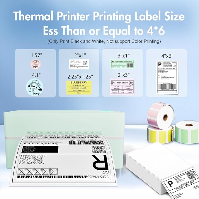 Bluetooth Thermal Shipping Label Printer: 4x6 Wireless Mini Clear Label Maker with Waterproof Tape for Small Business - Widely Used for USPS UPS Ebay Amazon Shopify Etsy, Green