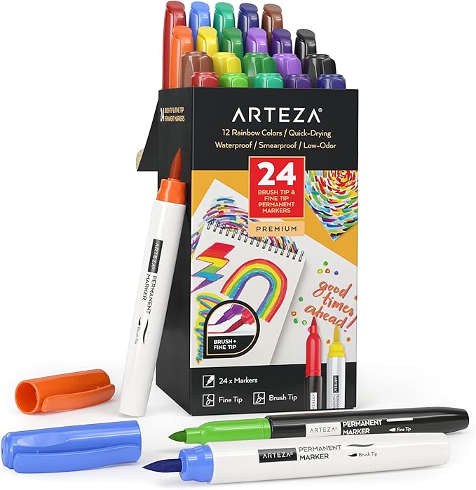 ARTEZA Colored Permanent Markers, Set of 24, Fine & Brush Tip Pens