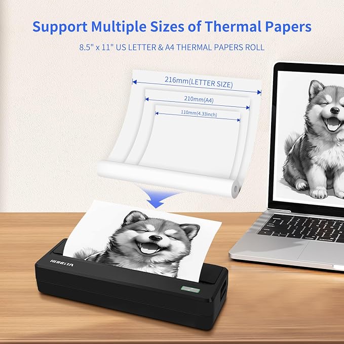 Rongta Inkless Portable Printer for Travel, 300Dpi Wireless Bluetooth Thermal Printer, Compatible with Android/iOS & Laptop,Support 8.5" X 11" US Letter&A4 Thermal Paper Roll (Black)