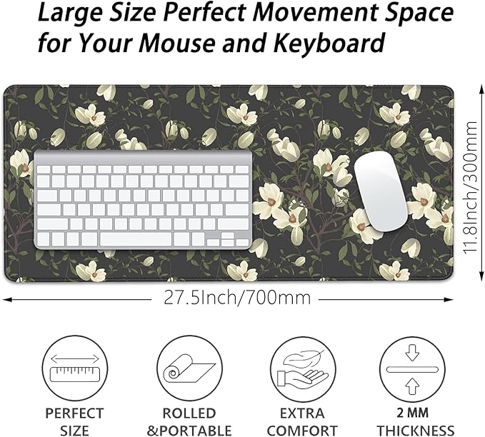 Magnolia Flowers Desk Pad Mouse Pad,Large Floral Mouse Mat with Stitched Edges,Non-Slip Rubber Base Black Mousepad for Office PC Keyboard Laptop and Home Work Desk Mat(27.5X11.8 in)