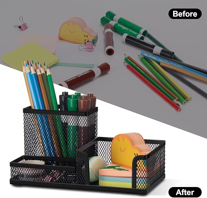 Comix Mesh Pen Pencil Holder Desk Organizer, 3 Compartment Wire Desktop Pen Pencil Cup Caddy Office Supplies Accessories for Home Office School, Black(2 Pack)