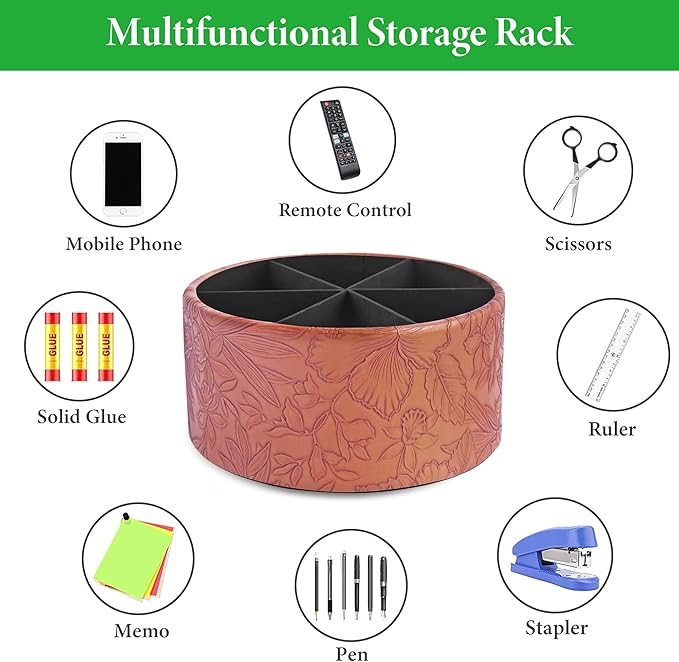 Hennaja Remote Control Holder, 360°Spinning PU Leather Desk TV Remote Caddy,Desk Storage Box Room Accessories for Controller, Media,Mail,Calculator, Mobile Phone,Pencil(1-Carved Brown)