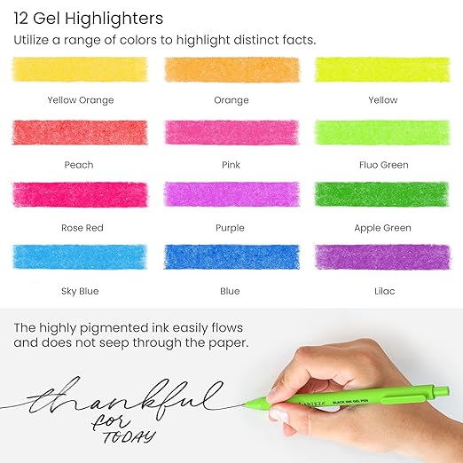 ARTEZA Gel Highlighters and Black Pens – 24-Pack with Sharpener, Smudge-Free, No-Bleed, for Thin Pages, Journaling, Note-Taking, School and Office Use