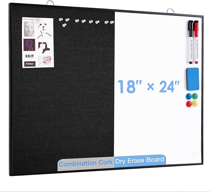 ARCOBIS Cork Board White Board Combo, 24"X18" Linen Bulletin Board Whiteboard for Wall, Double-Sided Magnetic Dry Erase Corkboard for Home, Office, School, Black