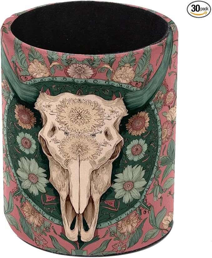 Vintage Western Skull Floral Flower Bones PVC Leather Circular Pencil Holder for Desk Organizer Stationery Holder for Office, School(3.9 x 3.1 Inches)