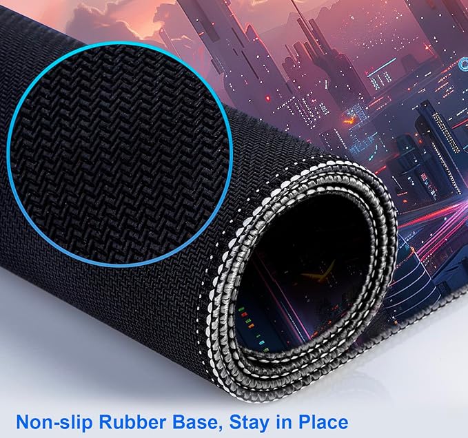 Digital Anime City Night View Office Art Desk Mat, Female Aesthetic Style Oversized Stitched Edge Laptop Keyboard Desk Mat 35.4 x 15.7 x 0.12 Inches