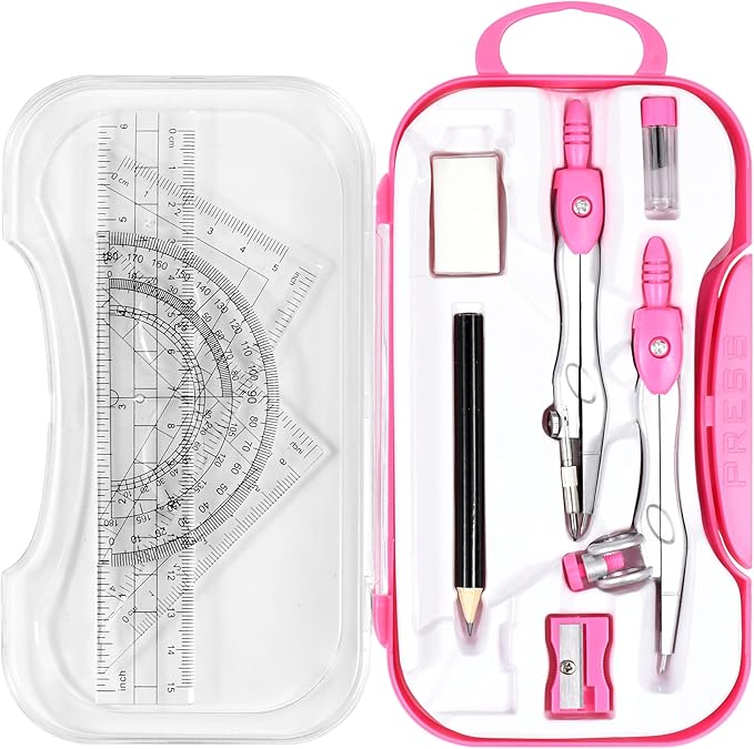 Math Geometry Kit Sets 10 Piece Student Supplies with Shatterproof Storage Box,Includes Rulers,Protractor,Compass,Eraser,Pencil Sharpener,Lead Refills,Pencil,for Drafting and Drawings（Pink）