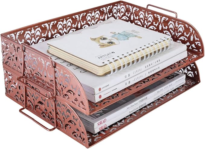 EasyPAG Paper Organizer for Desk 2 Tier Stackable Paper Tray for A4 Legal Size Folders Metal File Storage Desktop Organizer for Home Office School Teacher, Pink