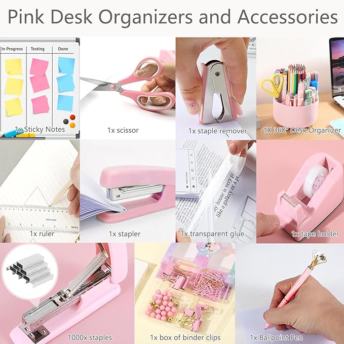 Office Supplies,Desk Accessories,with Stapler,Tape Dispenser,Staple Remover,Scissor,Ballpoint Pen,Sticky Notes,Clear Tape,Staples,Desk Organizer,Ruler,Binder,Best Gift Set(Black)