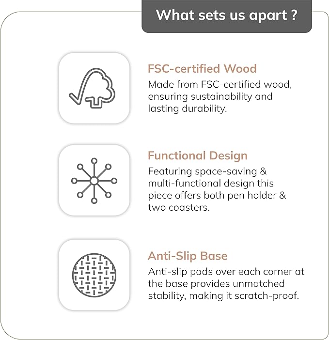 Anji Mountain Mango Wood Pen Holder with 2 Coasters, Stained Wood & Powder Coated Metal Pen Holder, Sustainable Room Decor Desk Organizer, Stylish Designer Pencil Case for Office Supplies
