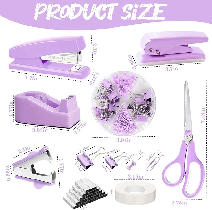 Purple Desk Accessories, 17Pcs Purple Office Supplies Set Include Mesh Desk Organizer, Stapler, Tape Dispenser, Staple Remover, Pen Holder, Clips, Pens, Ruler, for Office Home School Women