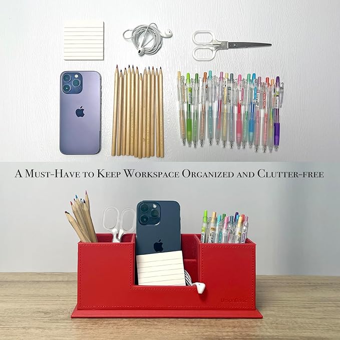 UnionBasic Desk Organizer, Desktop Caddy Leather Multi-compartment Pen Holder Office Stationer Organizer, Red