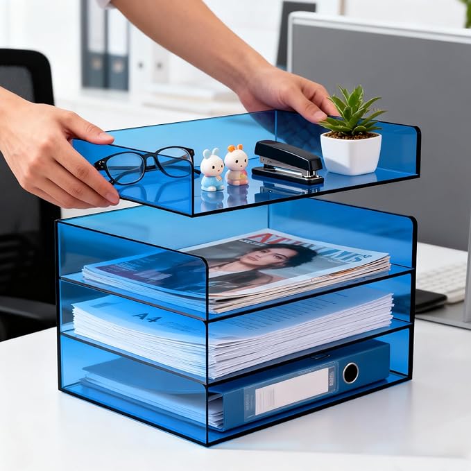 Gelite Acrylic File Organizer for Desk 4 Tiered Stackable Letter Tray Office Paper Storage Desktop Document Sorter, Blue