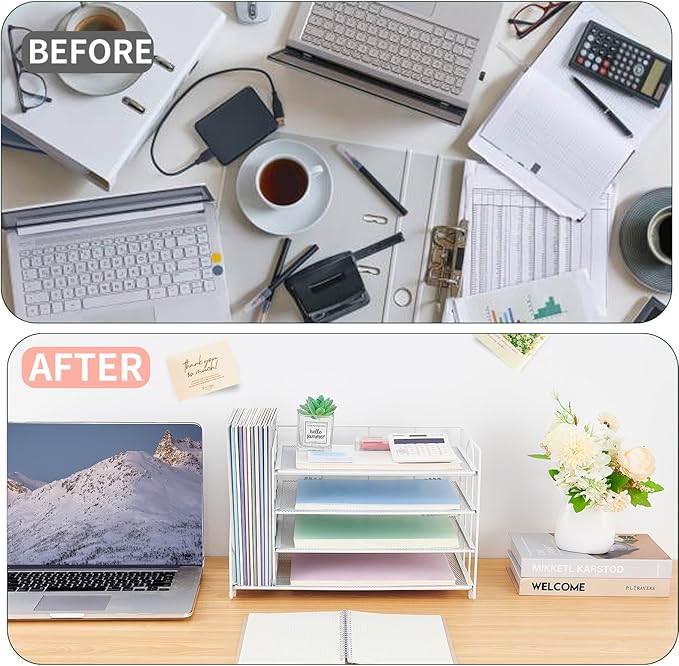 OPNCIE Desk Organizers and Accessories, 4 Tier Paper Letter Tray File Organizer, Office Organization Storage Desk Accessories Workspace Desktop Organizer for Classroom Office Supplies Decor, White
