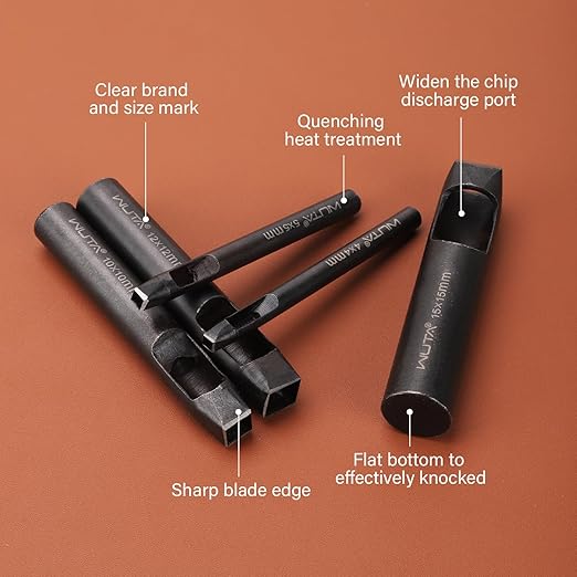 WUTA Square Leather Hole Punch,3PCS Steel Hollow Punch Tool Set for Belt,Watch Band,Leather Crafting (6mm+12mm+15mm)