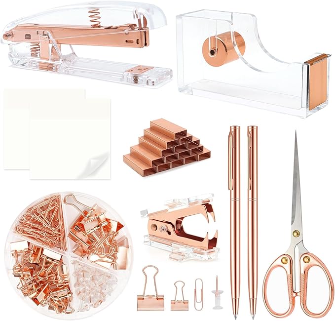 Rose Gold Office Supplies,UPIHO Rose Gold Desk Accessories,Stapler and Tape Dispenser Set with Stapler,Tape Dispenser, Staple Remover, Staples, Clips,Scissor,Pen and Sticky Notes,Gifts for Coworkers