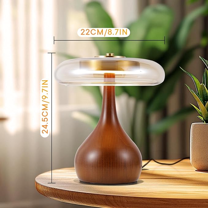 Small Table Lamp for Bedroom-Wooden Base Teardrop Mushroom Table Lamps,Amber Glass Shade,LED Three Color Temperature Adjustable Brightness Modern LED Side Table and Desk Lighting(H 9.7 in)