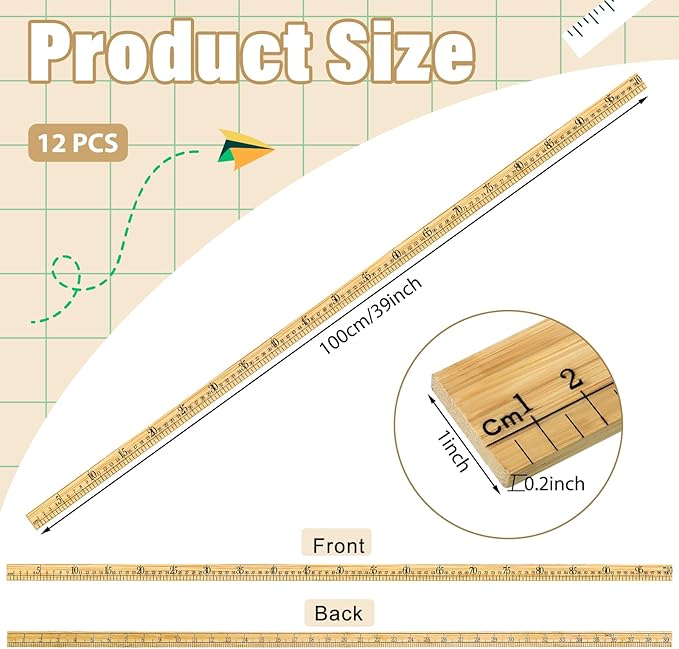 Fulmoon 12 Pieces Wood Double Sided Meter Stick Yard Stick Thick Wooden Ruler Yardsticks Bulk for School Classroom Home Office Kids Measuring Meterstick(39")