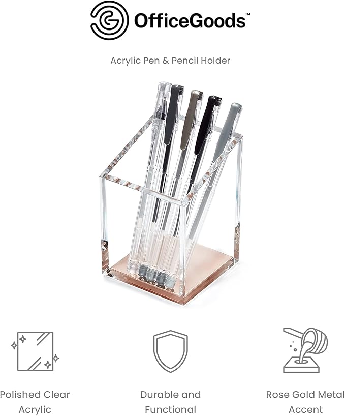OfficeGoods Acrylic Pen & Pencil Holder - Modern Trapezoid Design - Beautiful Desk Organizer for Home or Office - 3" Square w/ 3.5" Front & 4.5" Back - Clear Rose Gold Metal