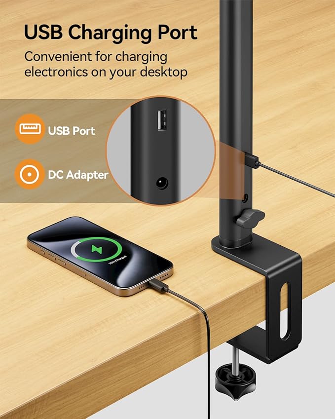 AUSDOM LED Desk Lamp for Home Office, 24W Ultra Bright Architect Task Light with Clamp & USB Port, 5 Colors & Dimming Touch Control, Flexible Gooseneck for Reading, Crafting, Gaming- 50 Lighting Modes